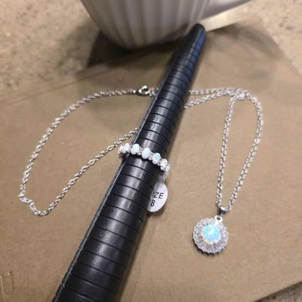 Sterling Silver White Opal Ring size 8, and Necklace Set